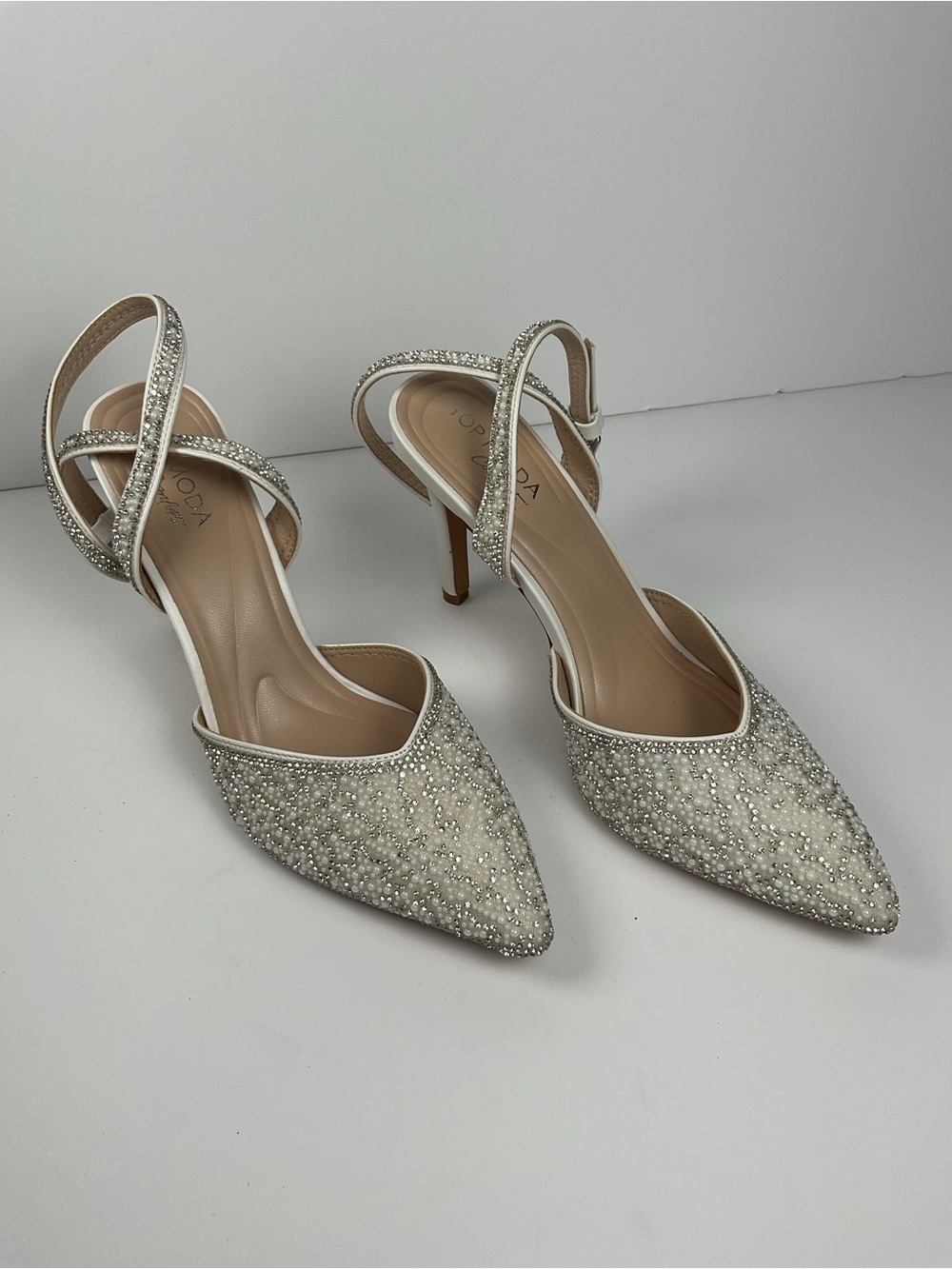 Top Moda Comfort Pearl & Rhinestone Slingback Heels Size 8 - Picture 2 of 12